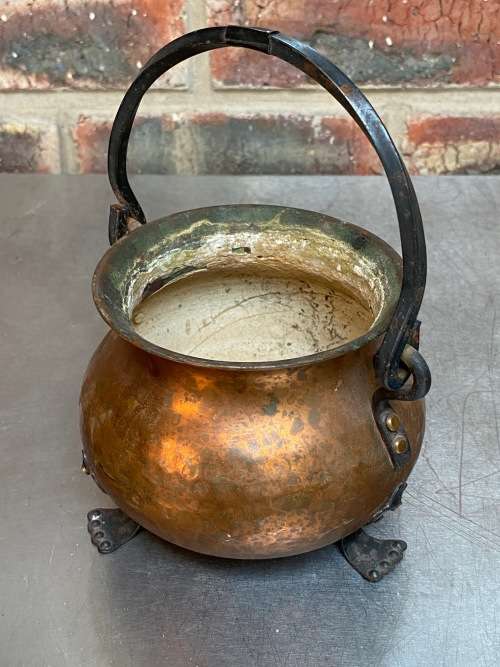 Vintage hammered copper cauldron pot with a wrought iron handle from Germany, collectors item