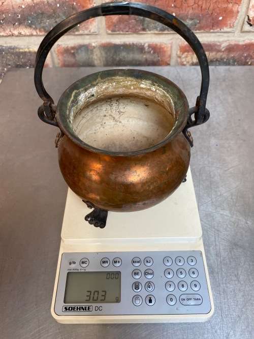 Vintage hammered copper cauldron pot with a wrought iron handle from Germany, collectors item