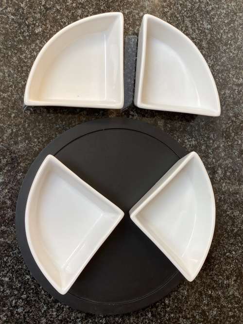 Porcelain Snack Bowl Set round ,on wooden board . Like new. serving tray