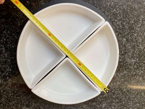 Porcelain Snack Bowl Set round ,on wooden board . Like new. serving tray