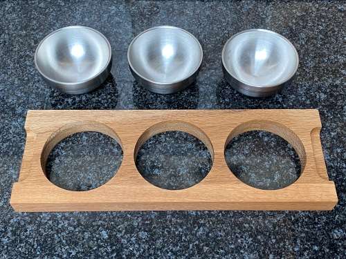 Top Quality Snack Tray (3 stainless steel brushed bowls on wood board from Germany) like new.