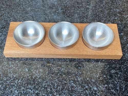 Top Quality Snack Tray (3 stainless steel brushed bowls on wood board from Germany) like new.