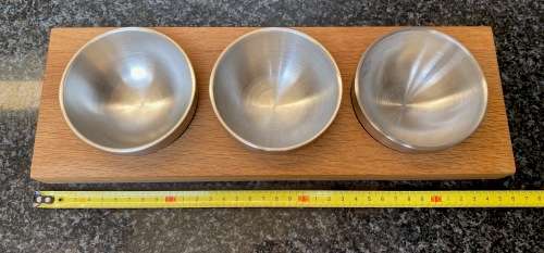 Top Quality Snack Tray (3 stainless steel brushed bowls on wood board from Germany) like new.