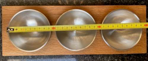 Top Quality Snack Tray (3 stainless steel brushed bowls on wood board from Germany) like new.