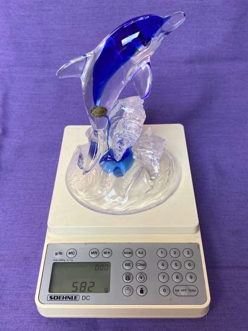 Cristal D`Arques Vintage Dolphin, made in France, clear + blue , the 90s, collectors item, 15.9cm
