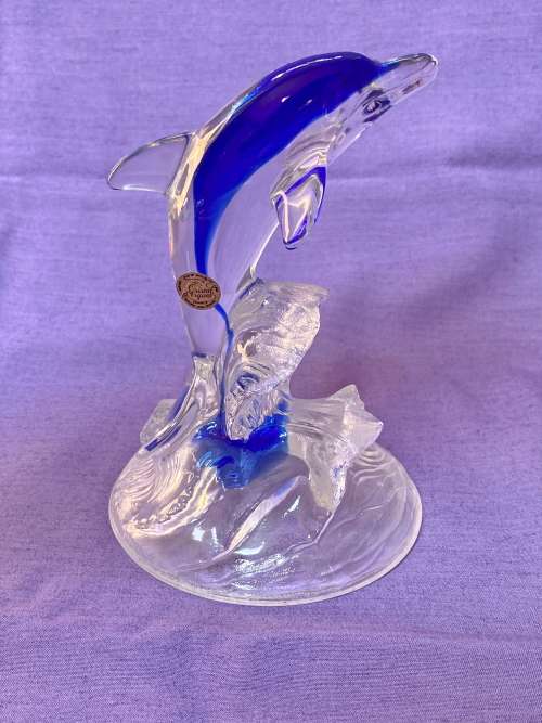 Cristal D`Arques Vintage Dolphin, made in France, clear + blue , the 90s, collectors item, 15.9cm