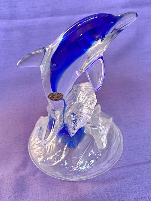 Cristal D`Arques Vintage Dolphin, made in France, clear + blue , the 90s, collectors item, 15.9cm