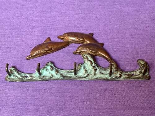 1970s Jumping Dolphins Brass/Verde Gris 5 Key Hook Rack, vintage , collecorts item