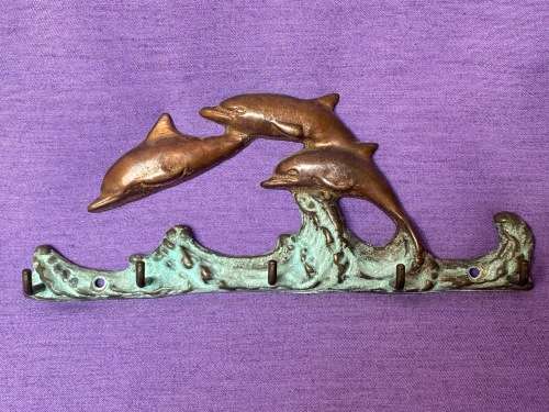 1970s Jumping Dolphins Brass/Verde Gris 5 Key Hook Rack, vintage , collecorts item