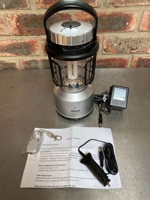 OSRAM RECHARGABLE CAMPING LIGHT 12V silver (top quality) in working condition. With 12V Charger