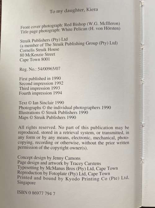 Southern African Birds , a Photographic Guide, Struiks, Ian Sinclair, 1990,144 pages,english,vintage