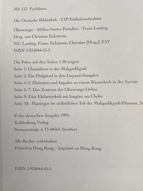 Okawango Afrikas letztes Paradies, Frans Lanting, 1995,170 pages, in german, Tecklenborg Verlag