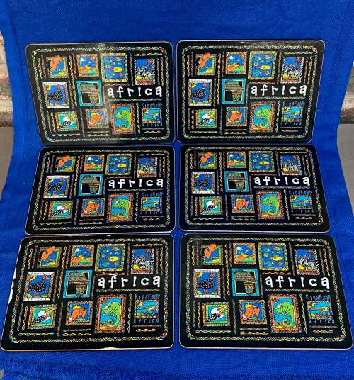 Table mats 6x Africa Art , 25cm x 19cm, cork backed, collectors item