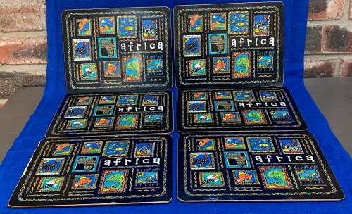 Table mats 6x Africa Art , 25cm x 19cm, cork backed, collectors item
