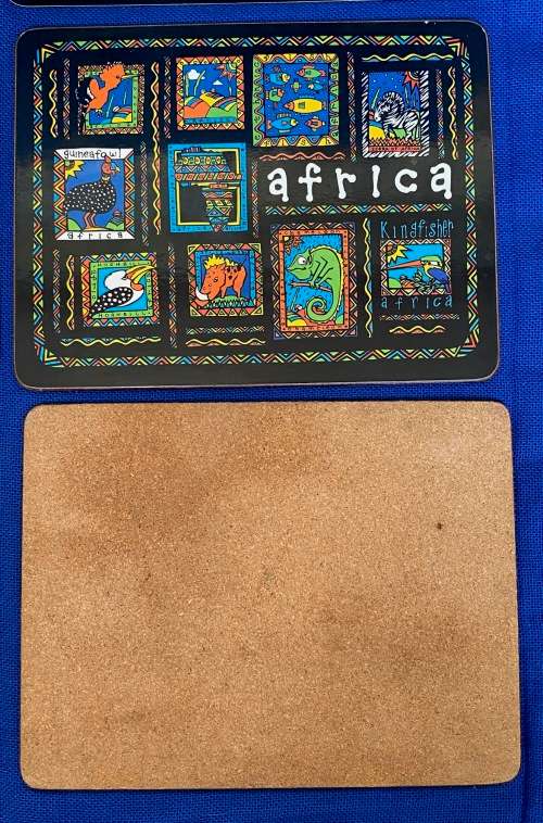 Table mats 6x Africa Art , 25cm x 19cm, cork backed, collectors item