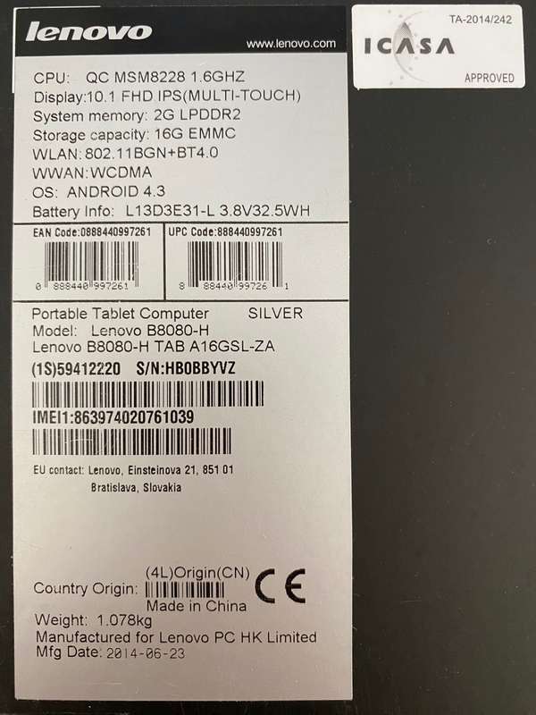 LENOVO Yoga B8080-H tablet + Lenovo Keyboard in original box, working.