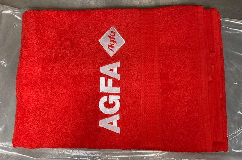 Vintage Agfa Towel red , embroidery, from 70s in Germany, collectors item, not used,size 175x66cm