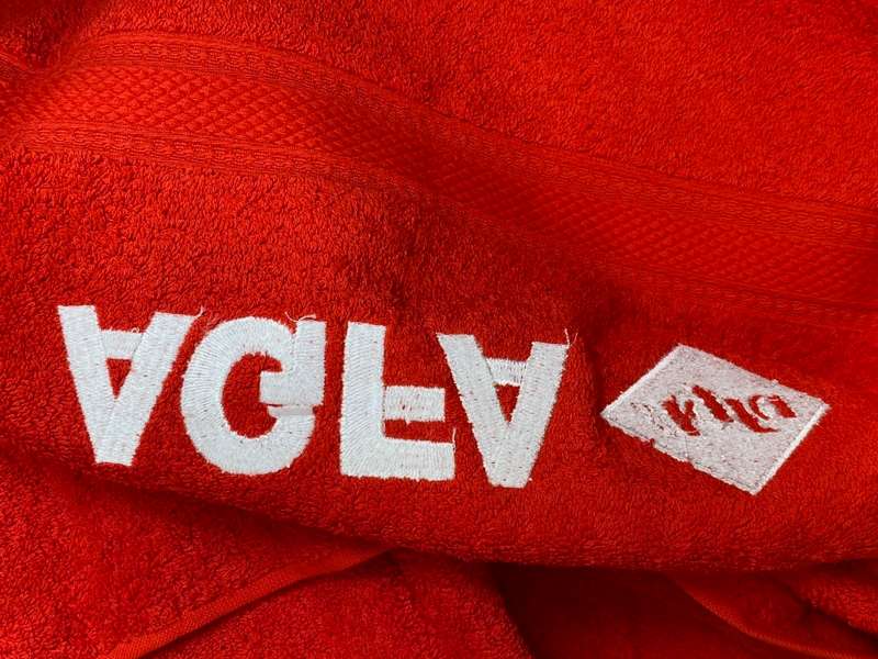 Vintage Agfa Towel red , embroidery, from 70s in Germany, collectors item, not used,size 175x66cm