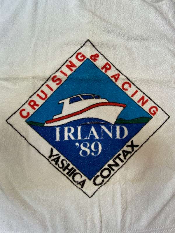 Vintage CONTAX YASHICA Bath Towel Irland, white , from 1989, collectors item,