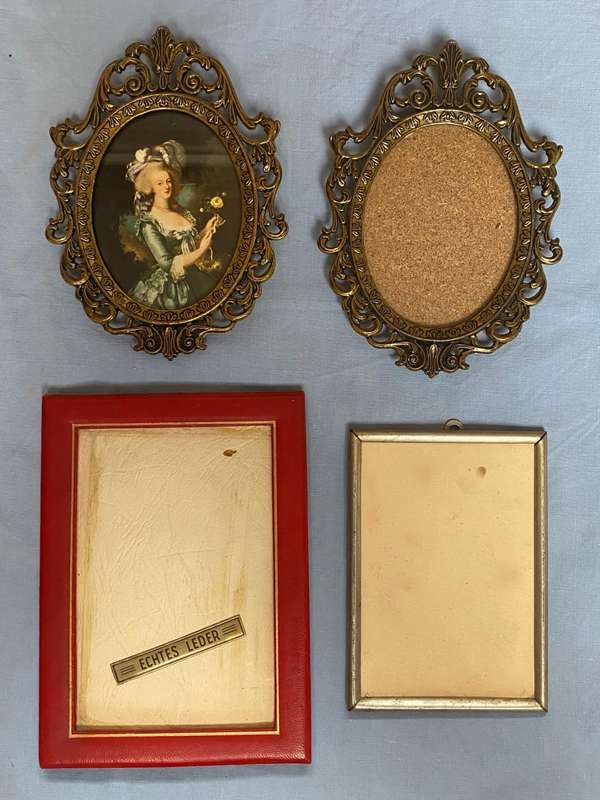 Vintage photo frame lot : victorian brass oval, made in Italy + Red leather frame, aluminium frame