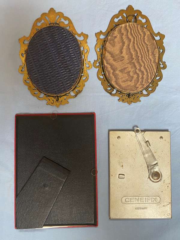 Vintage photo frame lot : victorian brass oval, made in Italy + Red leather frame, aluminium frame