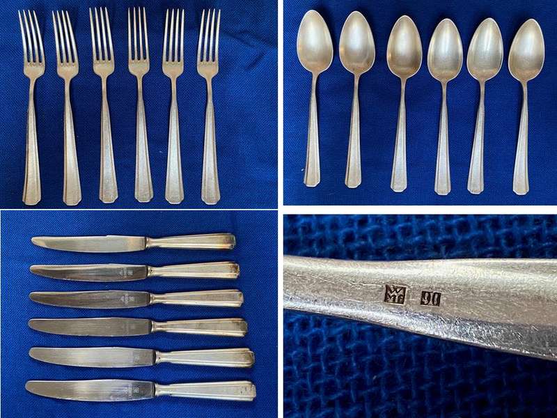 Vintage WMF Cultery Set, Lot 2, 6x knife, 6x fork, 6x spoon,90 silver ,Germany, 18pieces