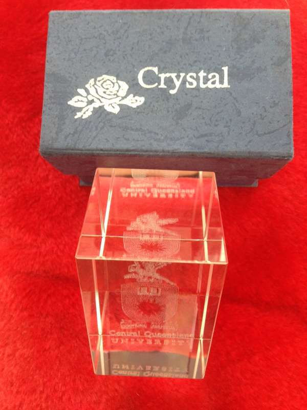 Crystal glass block Central Queensland University, 3D,  collectors item,vintage,rare