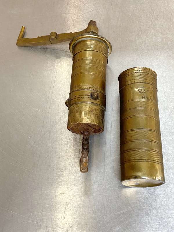 Antique Turkish Ottoman brass pepper mill,coffee grinder,Garanti No.2, collectors, 10`tall, 652gr.