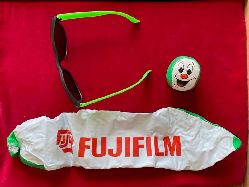 FUJI Film Lot from the 80s , sun-glasses, juggling ball, waterball, Fujifilm marketing items, unused