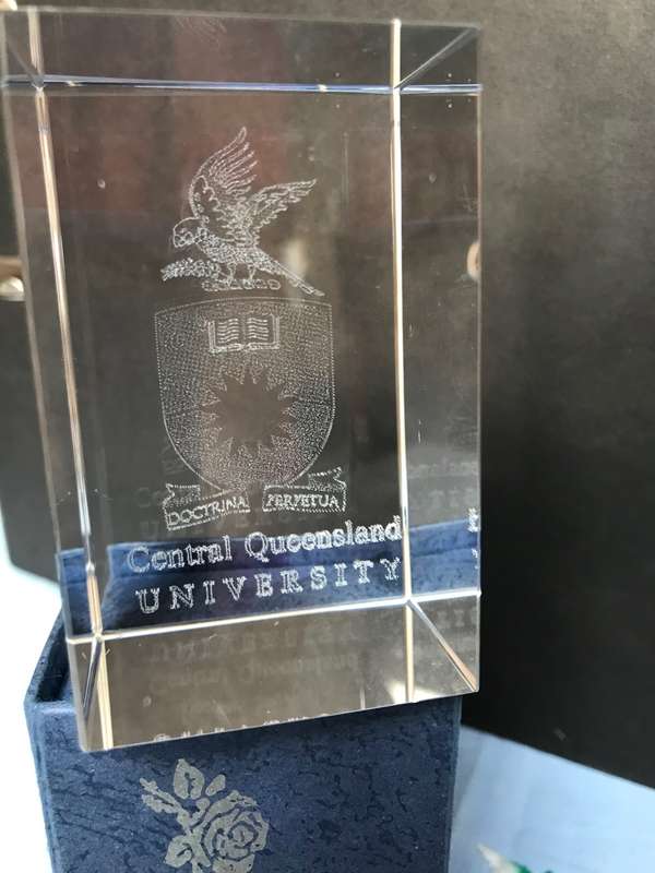 Crystal glass block Central Queensland University, 3D,  collectors item,vintage,rare