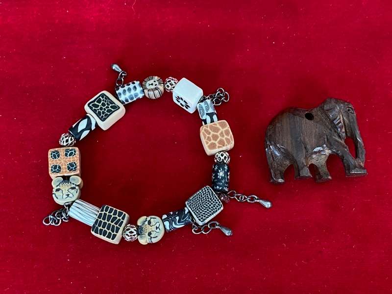 African Bracelet + wooden Elephant figure, vintage