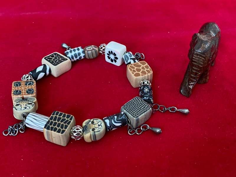 African Bracelet + wooden Elephant figure, vintage