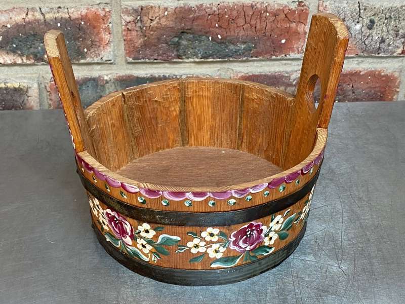 Wooden basket round ,bucket, handmade with handpainting, vintage , from Germany, from the 60s/70s