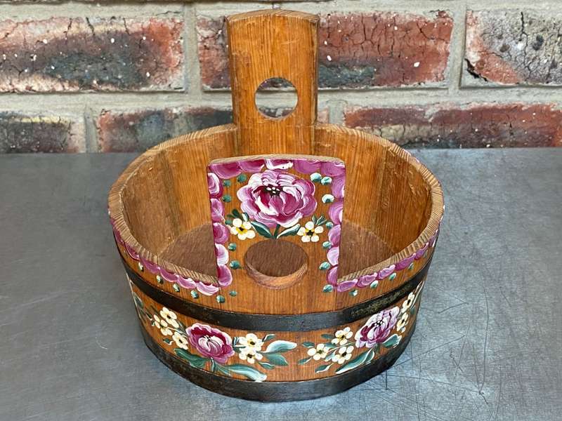 Wooden basket round ,bucket, handmade with handpainting, vintage , from Germany, from the 60s/70s