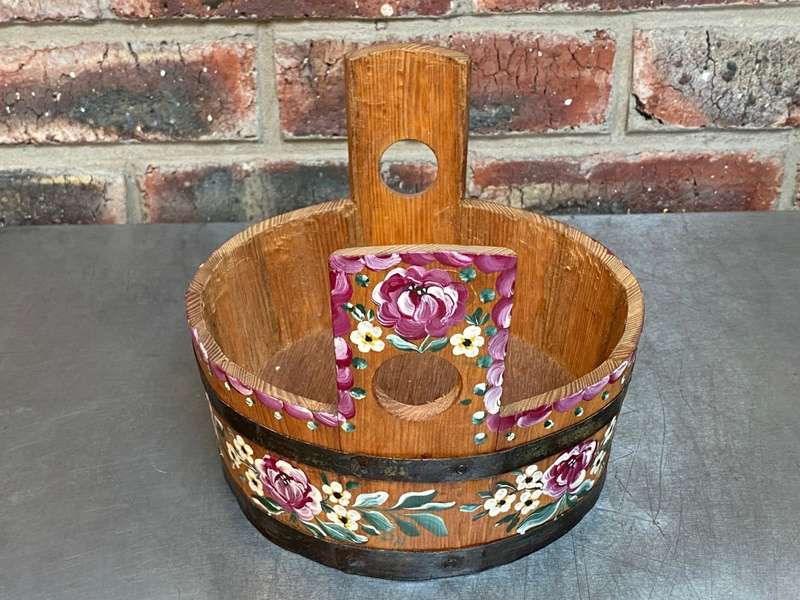 Wooden basket round ,bucket, handmade with handpainting, vintage , from Germany, from the 60s/70s