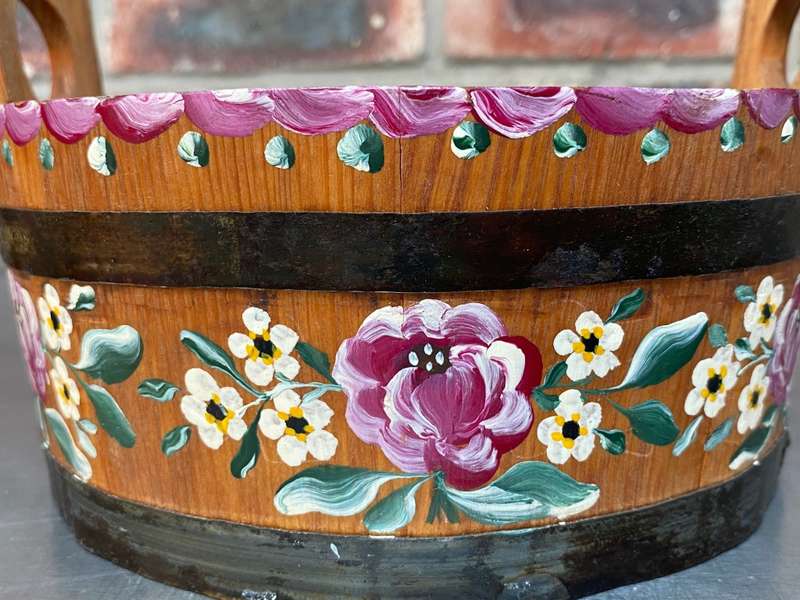 Wooden basket round ,bucket, handmade with handpainting, vintage , from Germany, from the 60s/70s