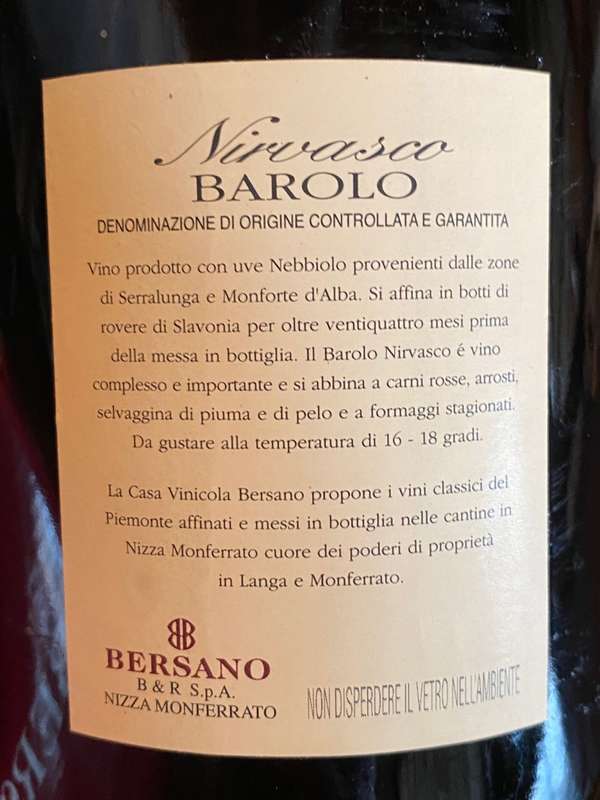 Ivini di Bersano Nirvasco Barolo 1996, 1.5L, 1996, vintage, sealed, Bar Item, Collectors Item