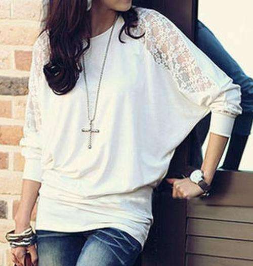 Batwing Top Dolman Lace Loose T-Shirt Blouse for Women - Medium - white