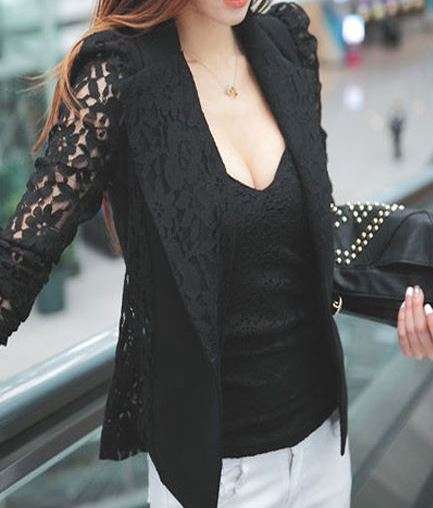 Women's Long Sleeve Waisted Lace Crochet Cardigan Blazer Jacket - Medium - Black