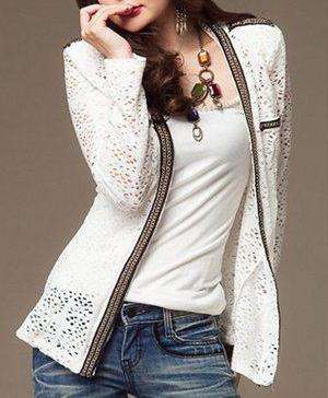 Womens Sexy Graceful Woven Gold Chain Hole Military Style Jacket White