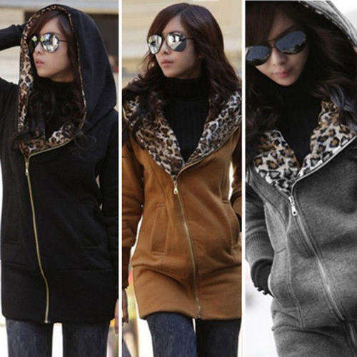 Black Leopard Hooded Tops Zip Hoodie Jacket Coat Warm Sweater - Black - Size 20