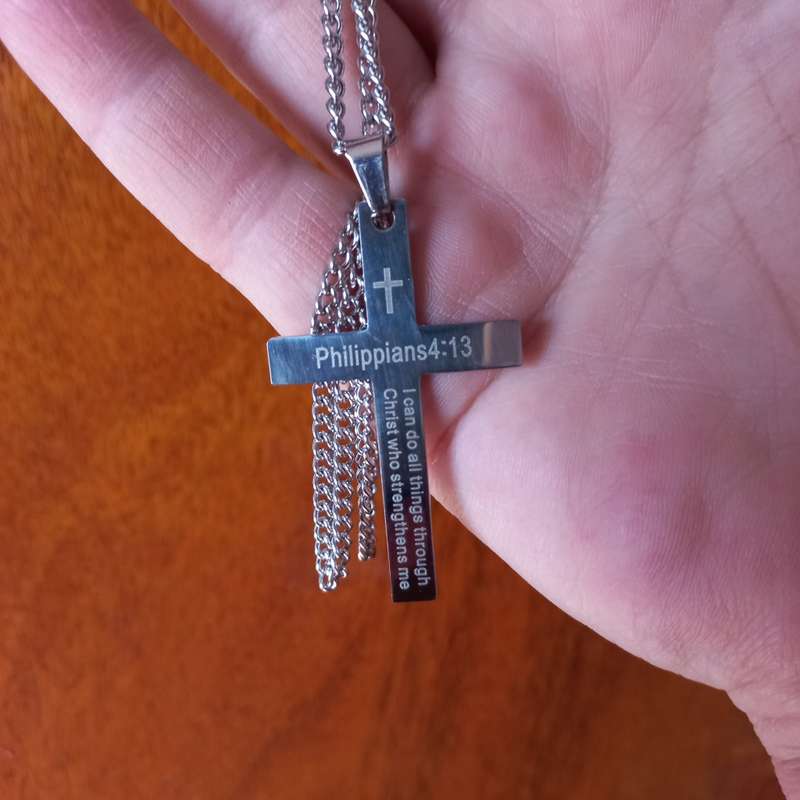 Stainless Steel necklace and religious Bible verse cross