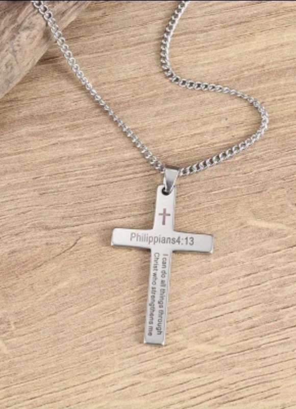 Stainless Steel necklace and religious Bible verse cross