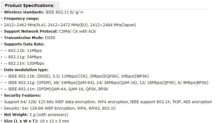 product specifications for edup wireless network adapter