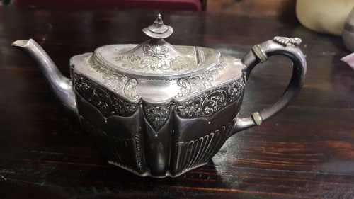 ** James Dixon Britannia Metal Ornate Teapot with Trumpet Mark JD&S & EPBM (8801) **