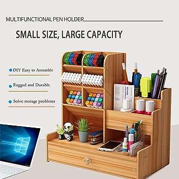 Wooden Desk Organizer with Drawer, Large Capacity, Pencil Pot DIY Desk Organizer for Office, Home.