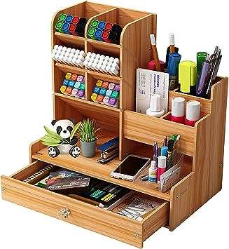 Wooden Desk Organizer with Drawer, Large Capacity, Pencil Pot DIY Desk Organizer for Office, Home.