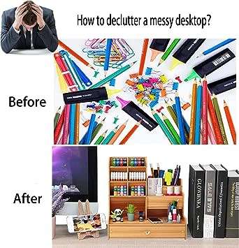 Wooden Desk Organizer with Drawer, Large Capacity, Pencil Pot DIY Desk Organizer for Office, Home.