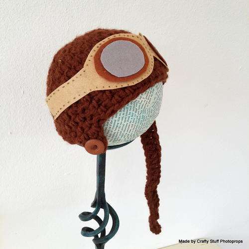Crafty Stuff : Chocolate Aviator hat with felt goggles Prop 0-3 months MADE TO ORDER
