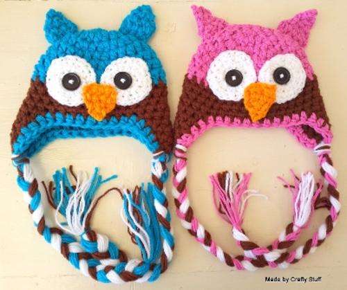 Crafty Stuff : Chocolate and Pink/ BLue owl hats  0-3 months MADE TO ORDER